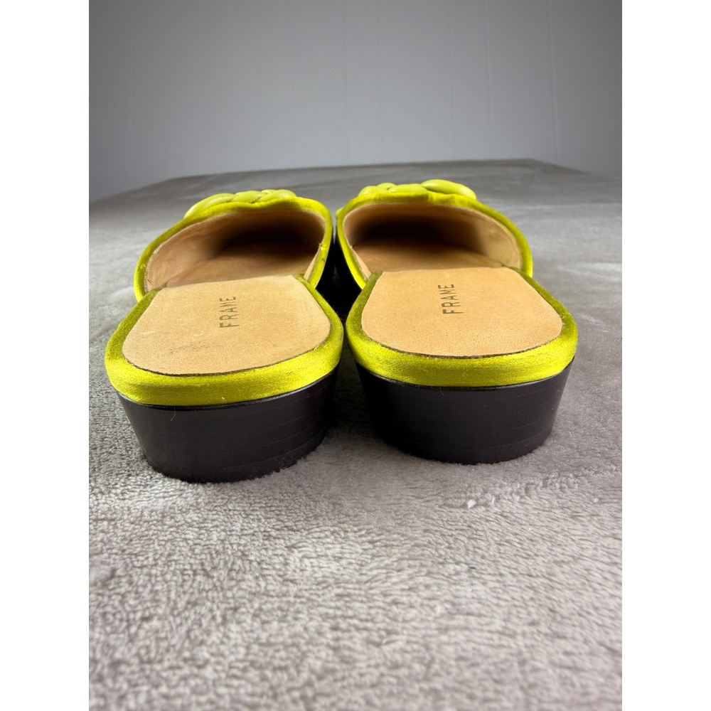 FRAME $348 Chartreuse Satin Le Island Flat 6 Braided Knot Mules Square Toe Green - Picture 7 of 9